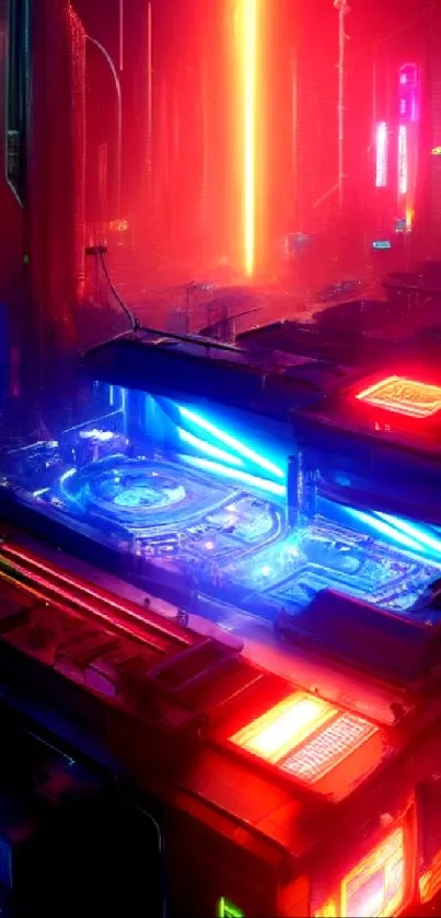 Futuristic neon cityscape with vibrant lights and cyberpunk atmosphere.