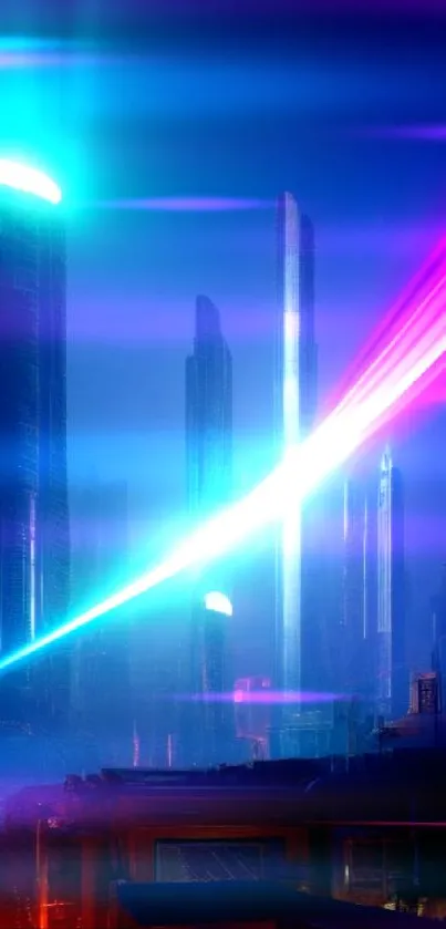 Futuristic cityscape with neon lights and tall skyscrapers in vibrant blue hues.