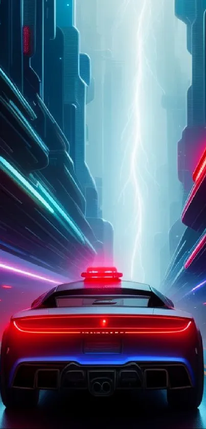 Futuristic car drives through neon city.