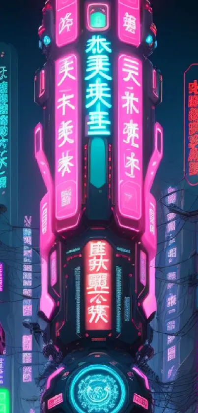 Futuristic neon cityscape with glowing signs and a cyberpunk vibe.