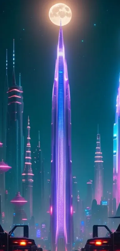 Futuristic cityscape with neon skyscrapers under a full moon.