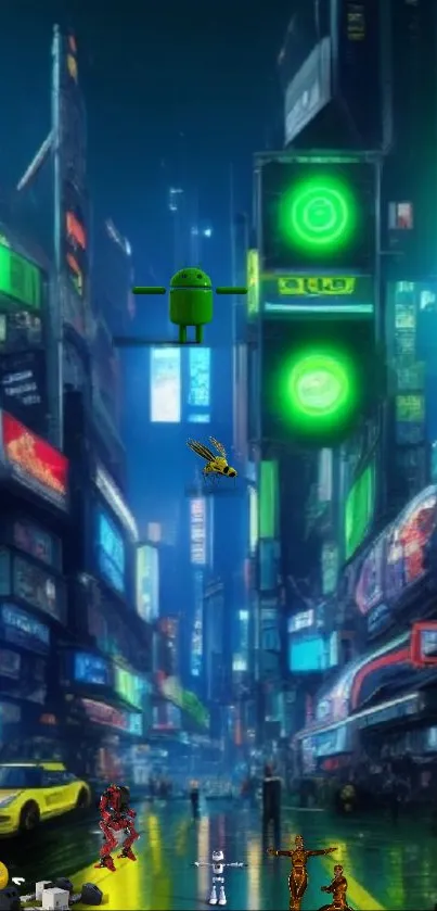 Futuristic neon cityscape with Android elements at night.