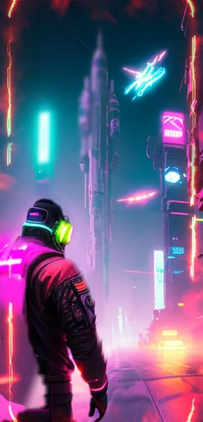 Futuristic neon cityscape with glowing lights in cyberpunk style.