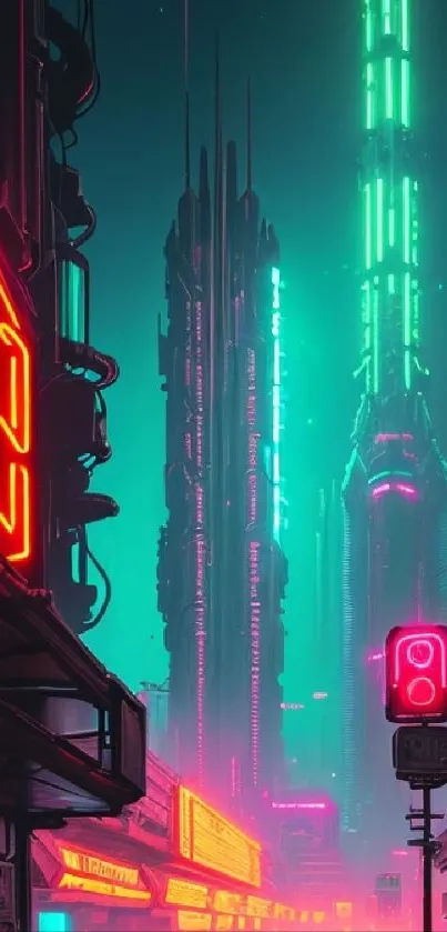 Futuristic cityscape with neon lights and skyscrapers in teal and red hues.