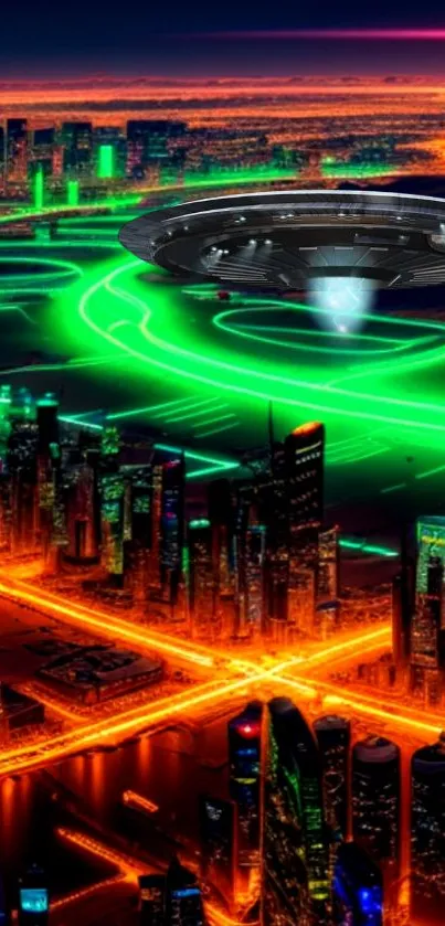 Futuristic cityscape with neon lights and skyscrapers, viewed from above.