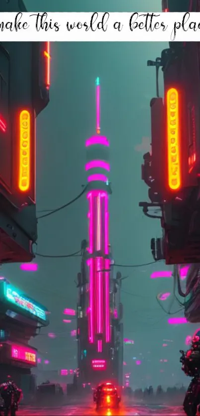 Futuristic neon cityscape with towering buildings and vibrant hues.