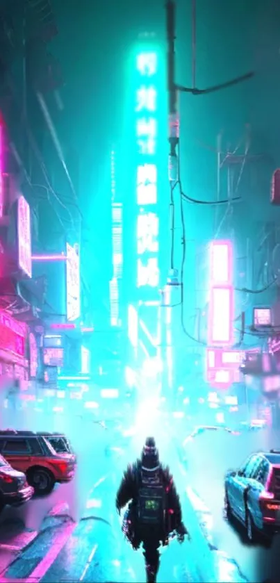 Futuristic neon-lit cityscape with vibrant colors.