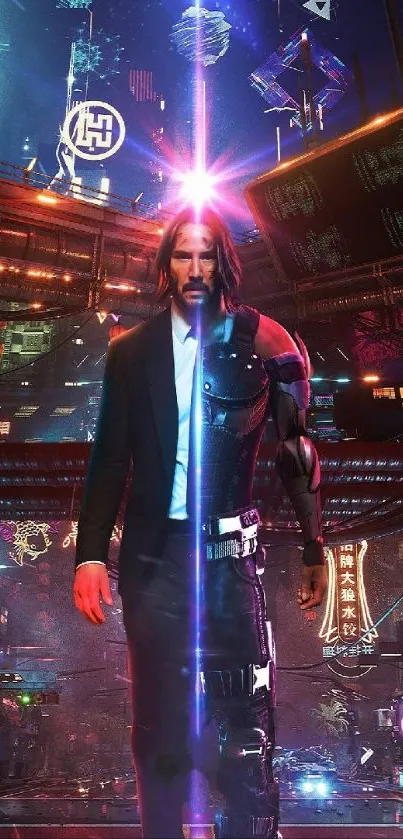 Cyberpunk city with neon lights and futuristic figure.