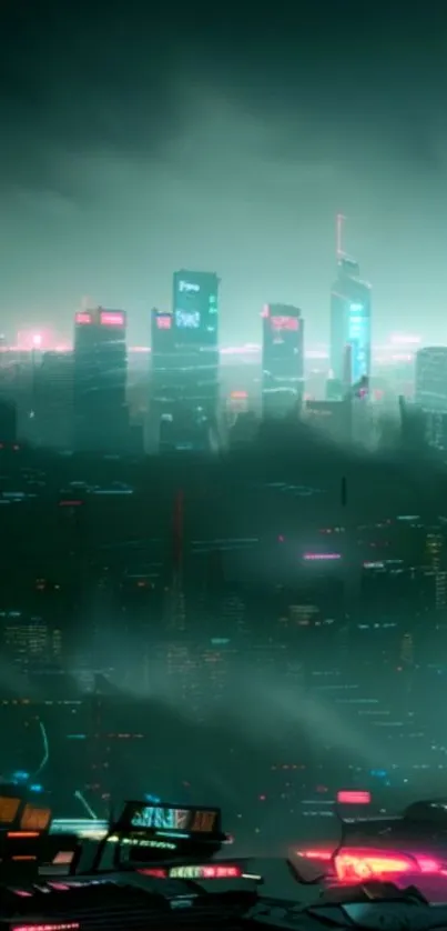 Futuristic cityscape with neon lights at night.