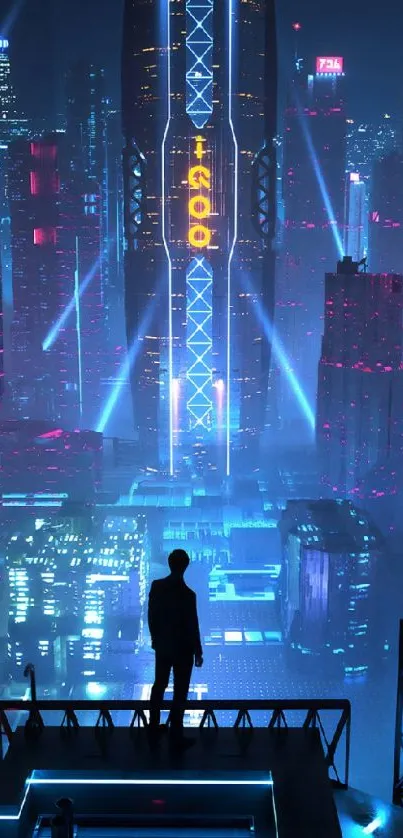 Futuristic neon cityscape with vibrant lights showing a silhouetted figure.