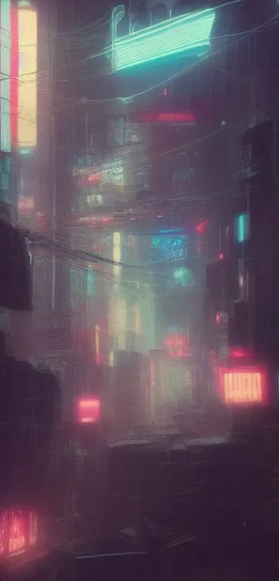 Cyberpunk cityscape with neon lights, atmospheric fog.