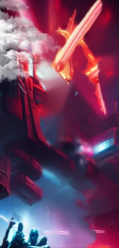 Futuristic neon cityscape with glowing red lights and cyberpunk elements.