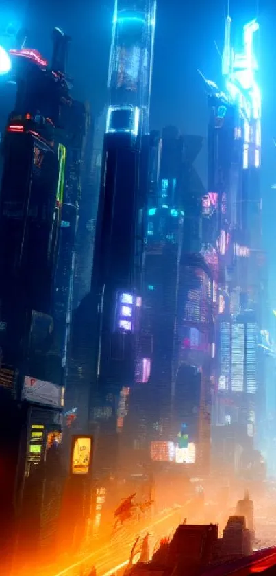 Futuristic neon-lit cityscape wallpaper with vibrant skyscrapers and colorful hues.