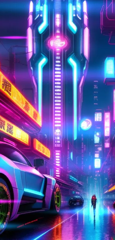 Vibrant cyberpunk cityscape with neon lights and futuristic vibe.