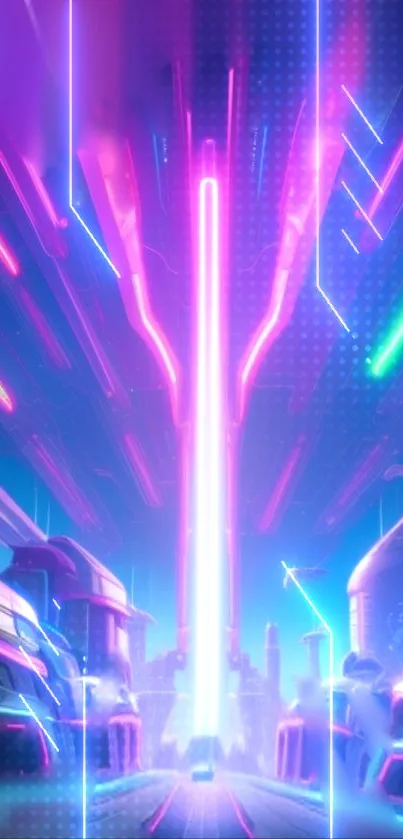 Futuristic neon cityscape wallpaper with vibrant glowing lights.