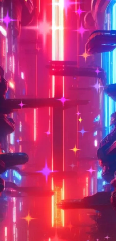 Futuristic neon cityscape with red and blue lights.