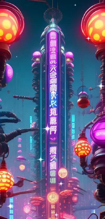 Futuristic neon cityscape with vibrant glowing signs and lights.
