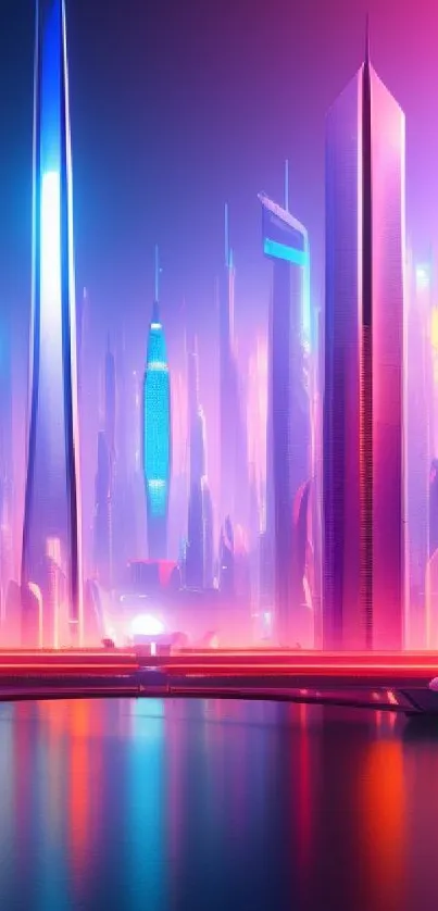 Futuristic neon cityscape with glowing skyscrapers.