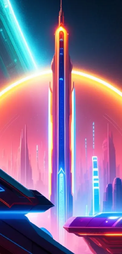 Futuristic neon cityscape with glowing skyscrapers and vibrant orange background.