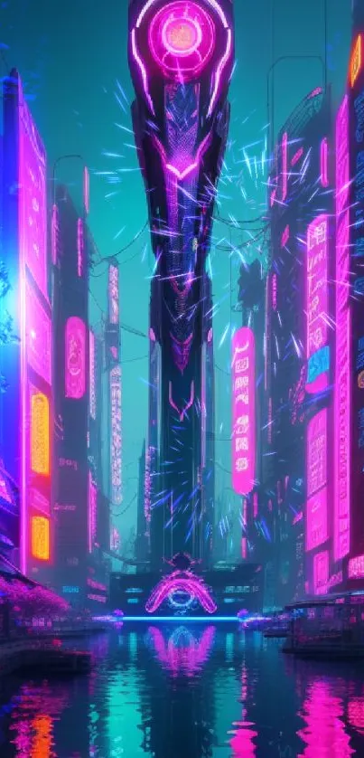 Futuristic cityscape with neon lights.