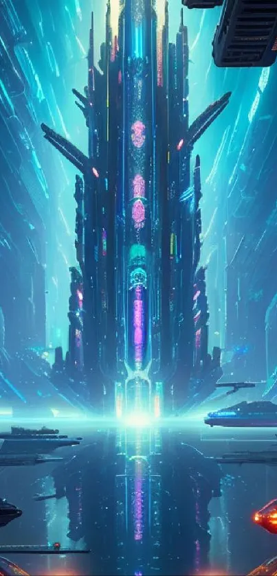 Futuristic cityscape with neon blue lights and a towering building.