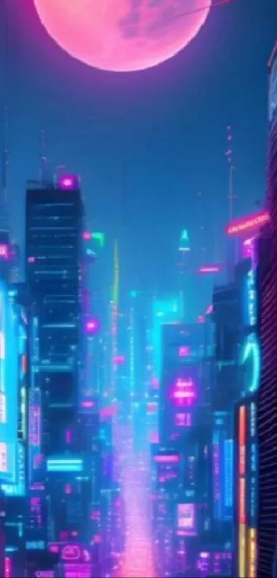 Futuristic cityscape with neon lights and cyberpunk aesthetic, featuring a pink moon.