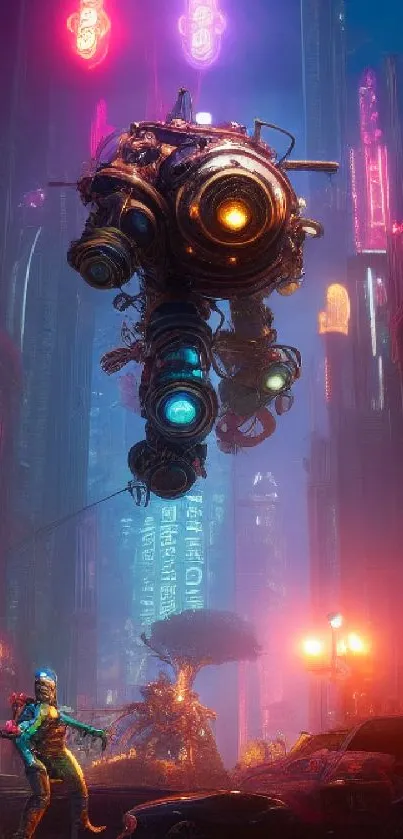 Futuristic cityscape with neon lights and a giant hovering robot.