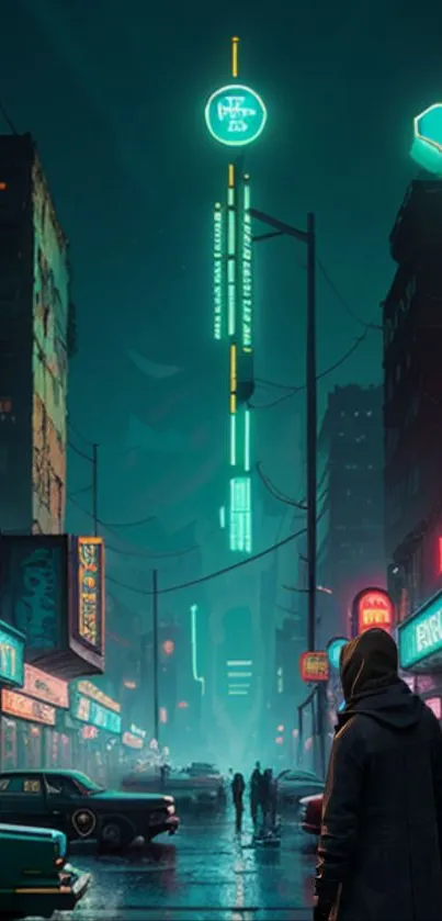 Futuristic neon cityscape with glowing signs at night.