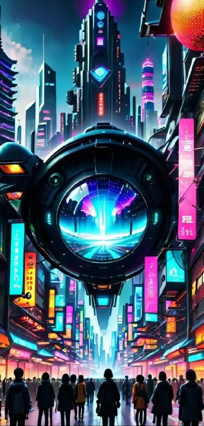 Futuristic cityscape with neon lights and sci-fi elements.