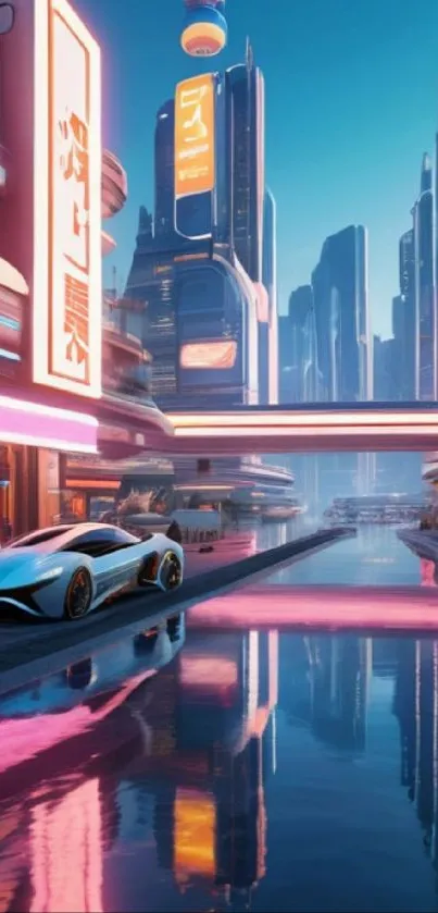 Futuristic cityscape with neon lights reflecting on water