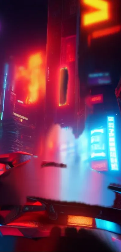 Futuristic cityscape with neon lights and cyberpunk design.