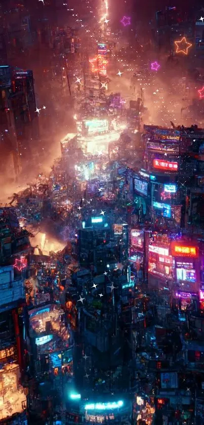 Futuristic neon cityscape with vibrant lights.