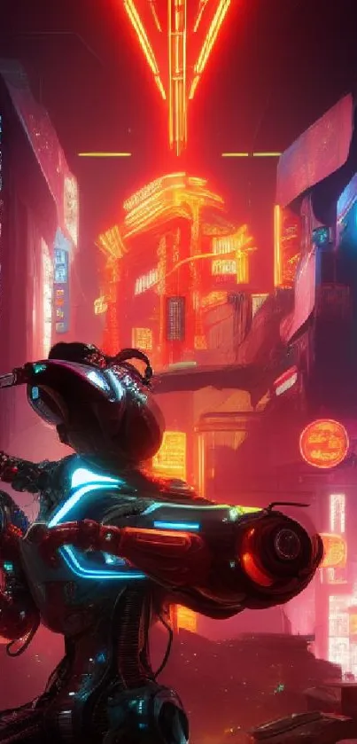 Futuristic cityscape with neon lights and a sci-fi robot.