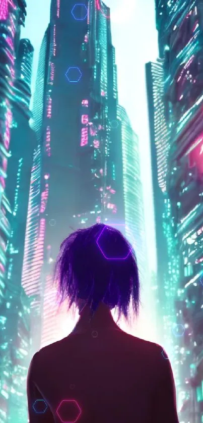 Back view of person in glowing, neon futuristic city.