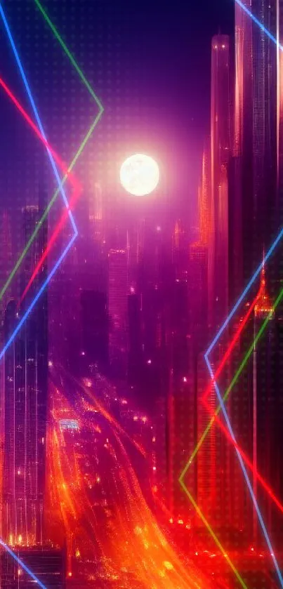 Futuristic neon cityscape wallpaper with a glowing moon.