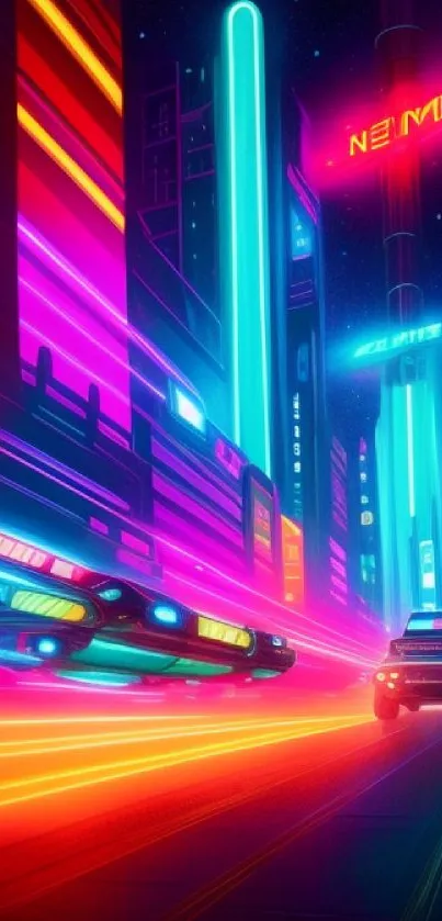 Futuristic neon cityscape with flying cars and vibrant lights.