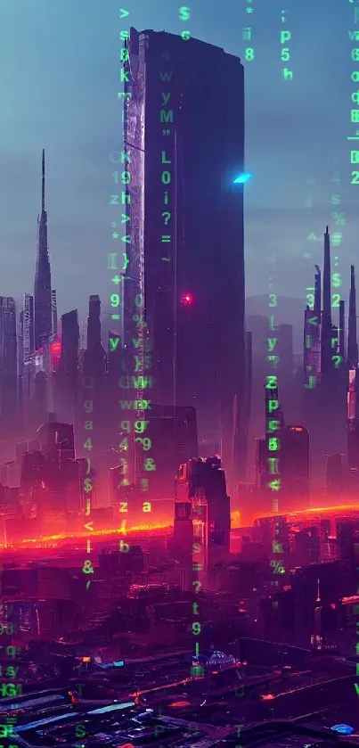 Futuristic neon cityscape with skyscrapers at twilight.