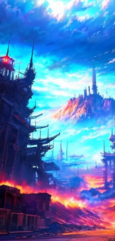 Futuristic cityscape with neon lights and fiery sky wallpaper.