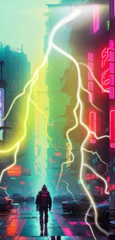 Futuristic neon city with lightning strike.