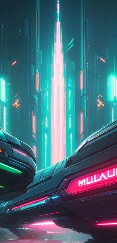 Futuristic neon cityscape with glowing lights and advanced technology.