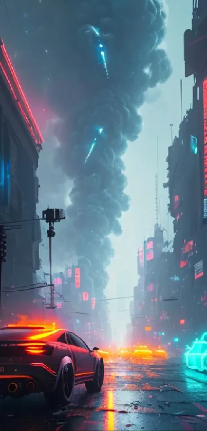 Futuristic city with neon lights and high-tech cars on a rainy urban street.