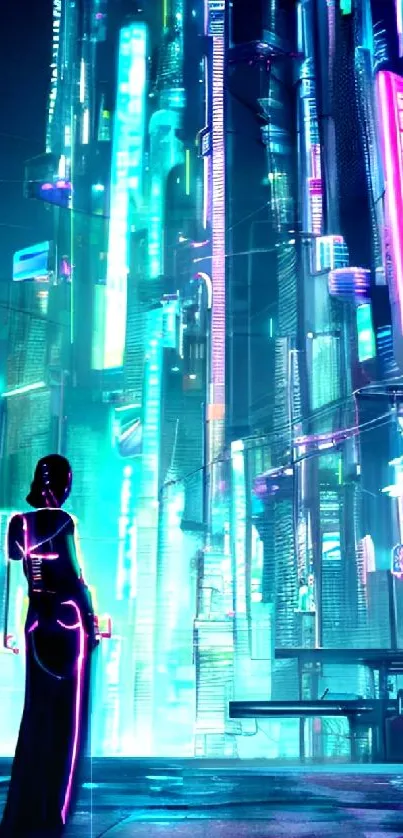 Futuristic neon cityscape with vibrant lights and cyberpunk theme.