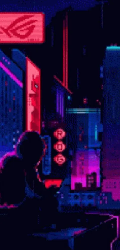 Futuristic neon cityscape with vibrant blue and pink hues in cyberpunk style.