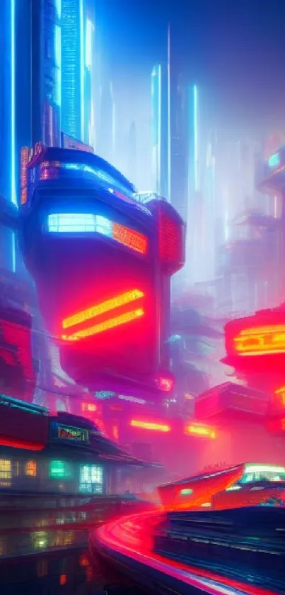 Futuristic neon cityscape with vibrant colors and towering buildings.