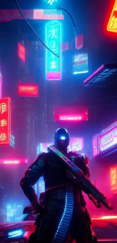 Futuristic cityscape with neon lights and a mysterious figure.