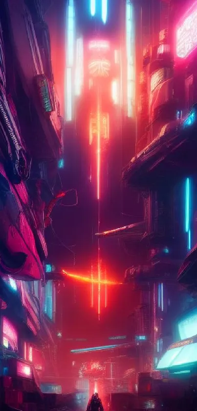 Futuristic neon cityscape with vibrant lights in cyberpunk style.