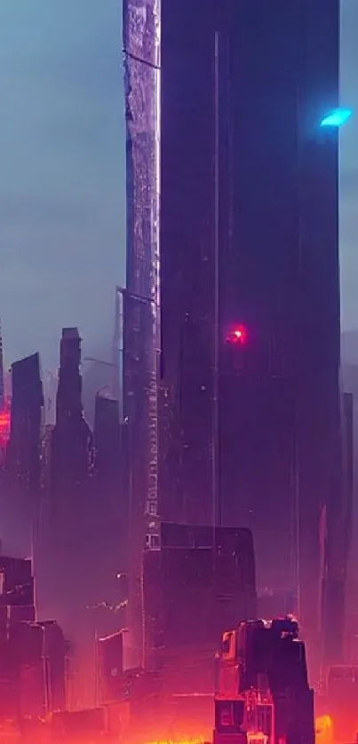 Futuristic cityscape with neon lights and tall skyscrapers at night.
