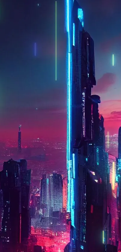 Neon futuristic cityscape wallpaper with towering skyscrapers.