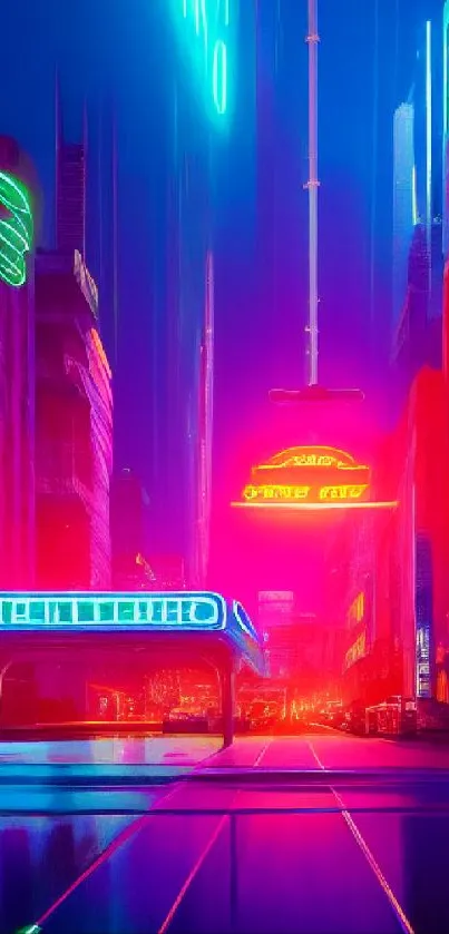 Vibrant futuristic neon cityscape with glowing lights and cyberpunk theme.