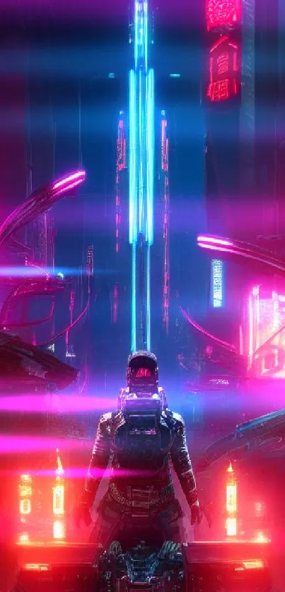 Futuristic cityscape with neon lights in a cyberpunk theme wallpaper.